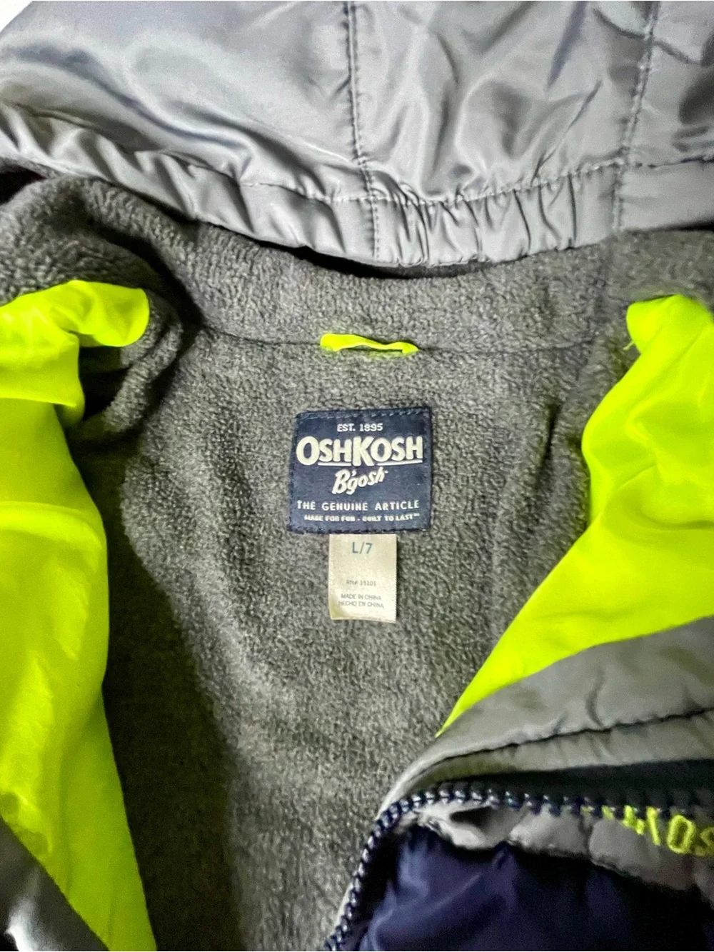 OshKosh B'gosh Gray, Navy & Neon Yellow Colorblock Hooded Puffer